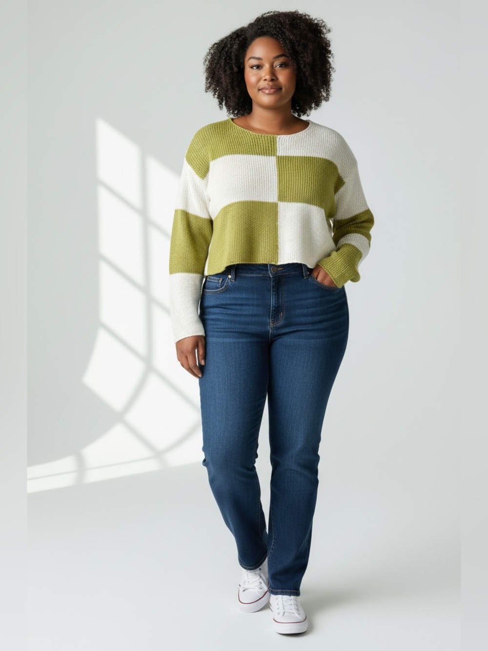 Checkerboard Cropped Crewneck Sweater - Cream & Olive Green
